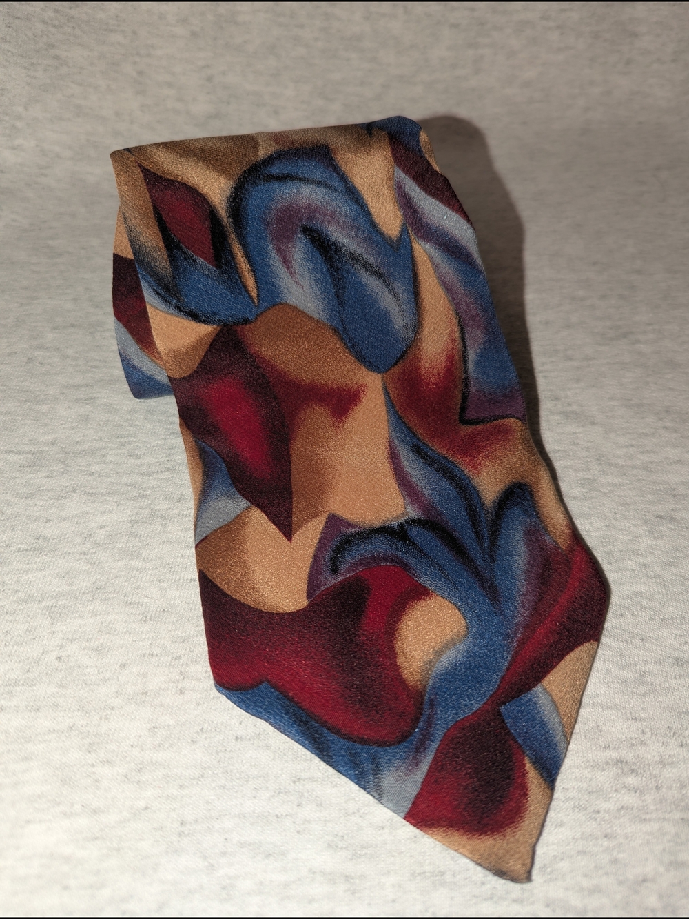 J. Garcia Multicolor Abstract Velvet-Texture Tie in Blue, Red, Tan 100% Silk